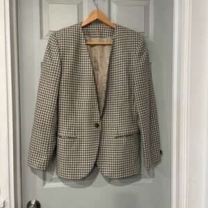 Ashley Brooke Women's 8 Gray Ivory Houndstooth One Button Blazer Suit Jacket